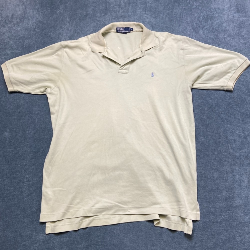 Polo By Ralph Lauren Shirt Mens L Beige Pony Logo Side Slit Short Sleeve Sports